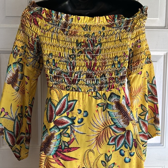 FARM RIO + ANTHROPOLOGIE SMOCKED MINI DRESS IN YELLOW TROPICAL SIZE XS - Picture 3 of 15